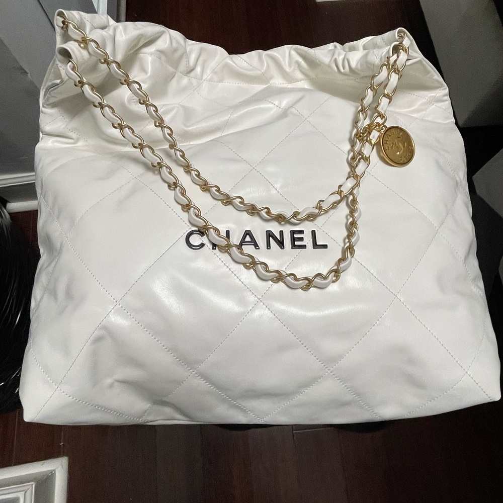 white large Chanel 22 bag with wallet, box, cards, dustbag, &. cleancloth